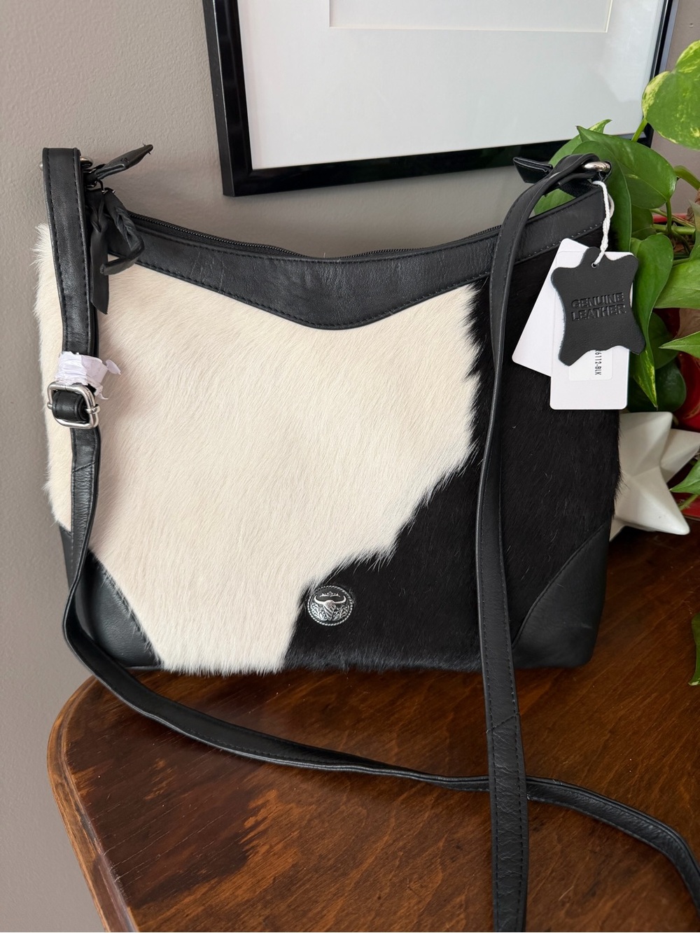 NWT.  American Bison Black and White Cowhide Shoulder Bag with Leather Trim